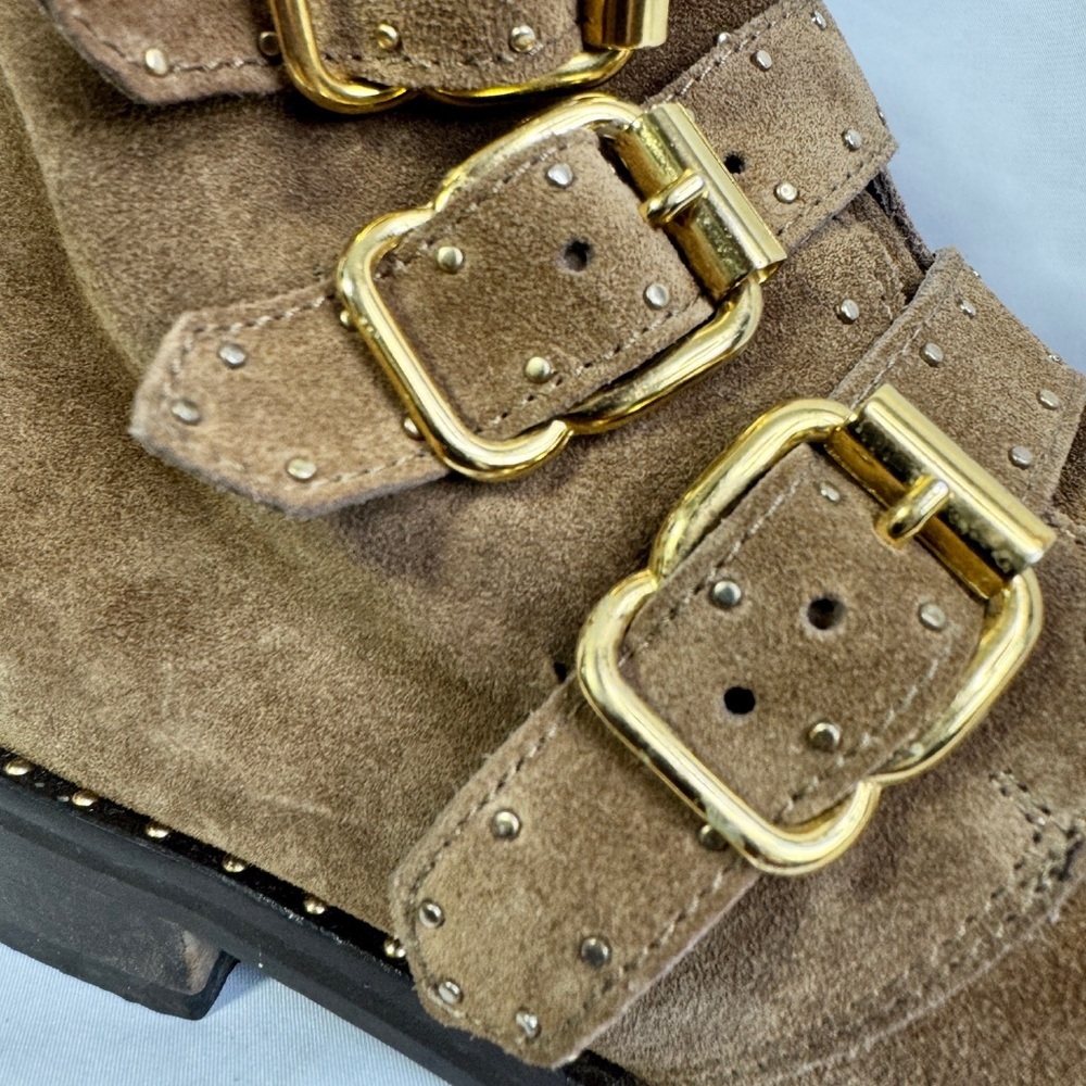 Minelli Brown Suede Studded Ankle Boots Buckle Moto EU 38 - Picture 10 of 13